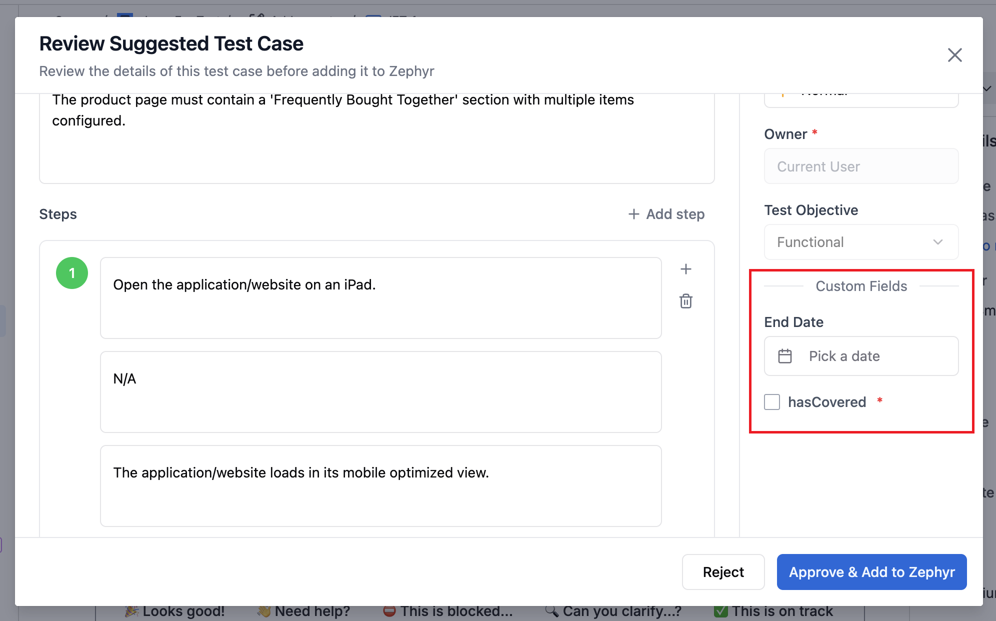 Custom fields in the Review Suggested Test Case modal